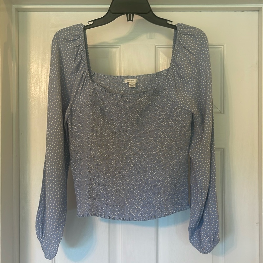 American Eagle - light blue with white polka dots - square neckline - size L